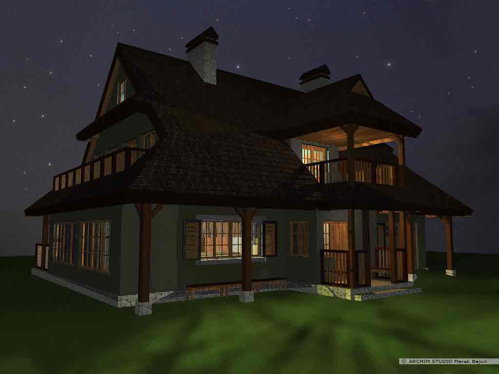 Dom jednorodzinny w stylu zakopiańskim- widok nocny