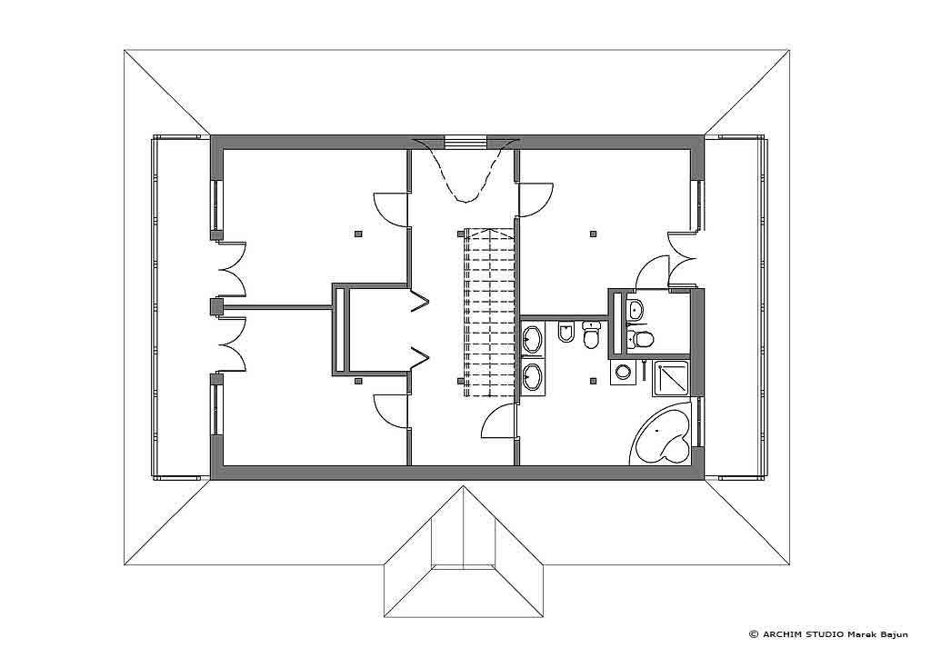 Dom jednorodzinny w stylu zakopiańskim- rzut poddasza pierwszej wersji
