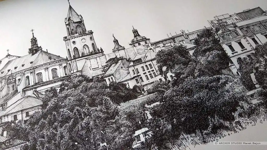 Czarno- biała panorama Lublina- wieża Trynitarska
